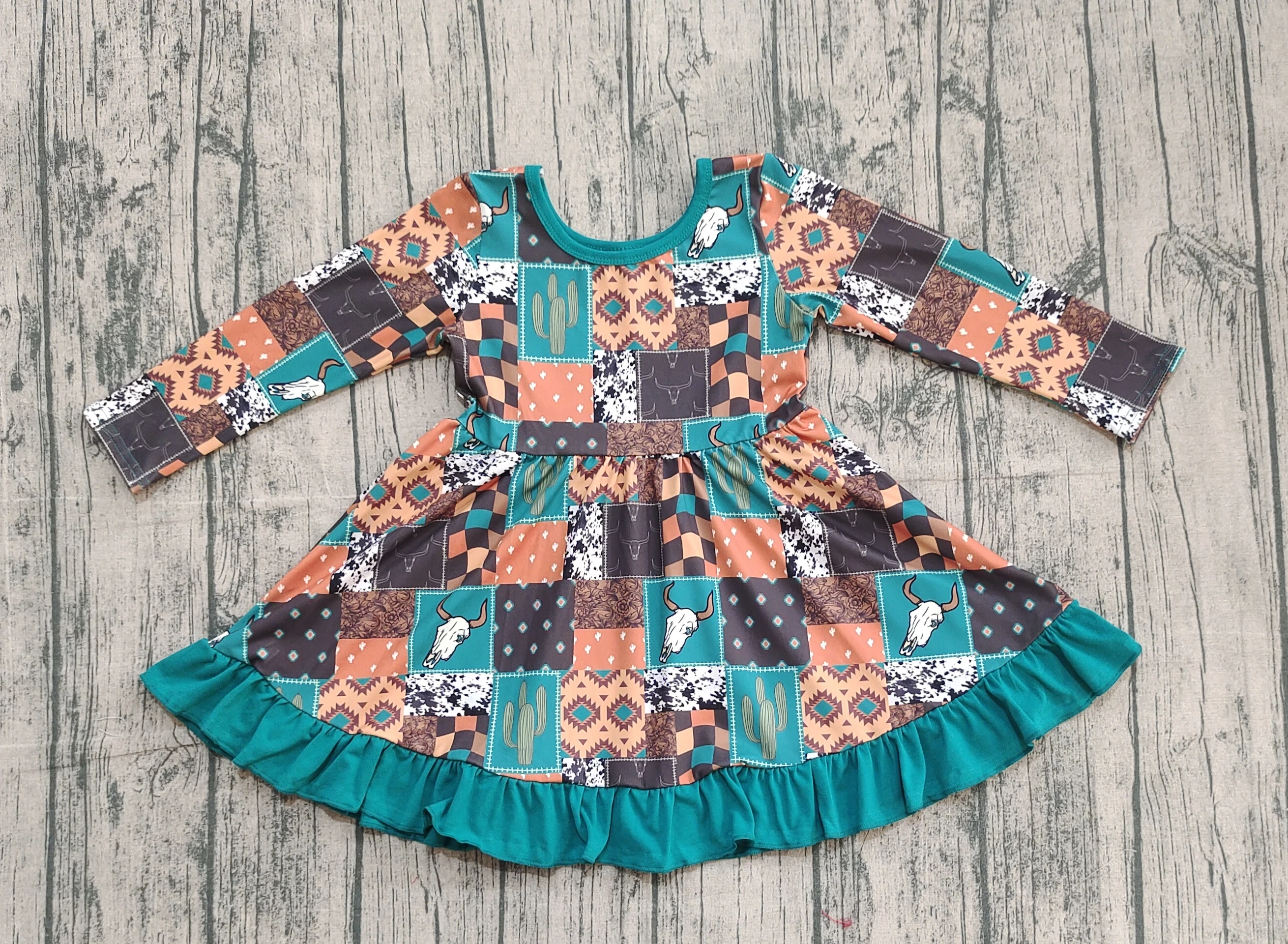 

Z926-04 GLD0837 Kids Girls Clothes Long Sleeve Western Print Baby Dress