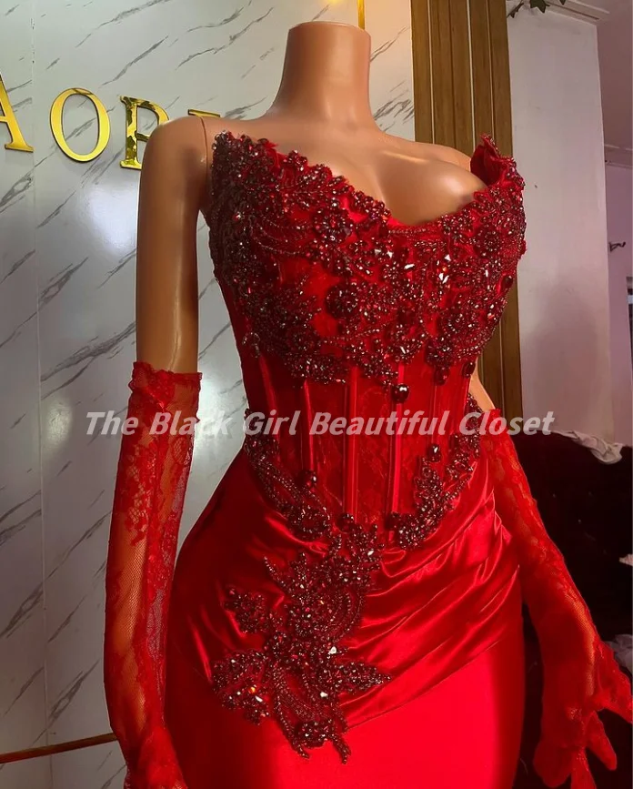 Sparkling Red Sheath Prom Gowns 2025 African Girls Taffeta Hollowed Out Diamond Beaded Lace Glove Tight Fishtail Long Dresses