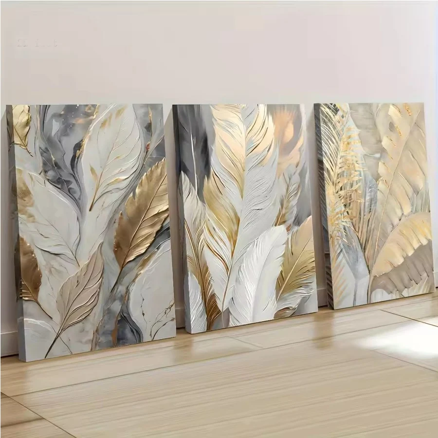 

3 pcs Abstract Golden White Feather Leaf diamond painting kits cross stitch 5D DIY diamond embroidery mosaic triptych home decor