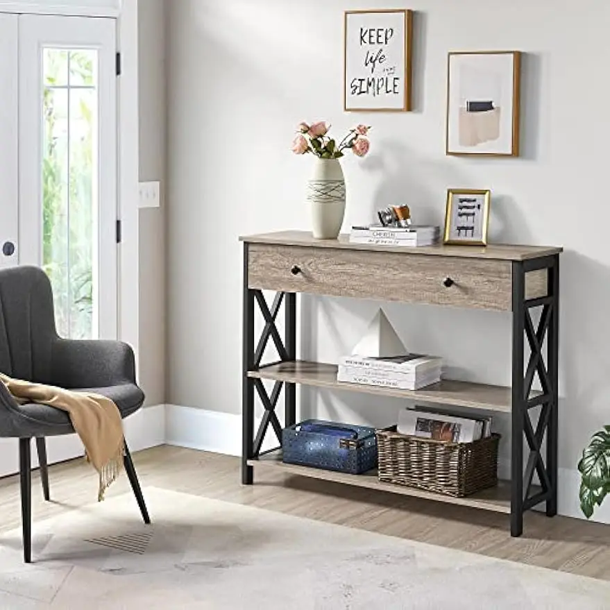 Console Table with Drawer, Entryway Table with 3 Tier Storage Shelves, Narrow Long Sofa Table for Home, Gray