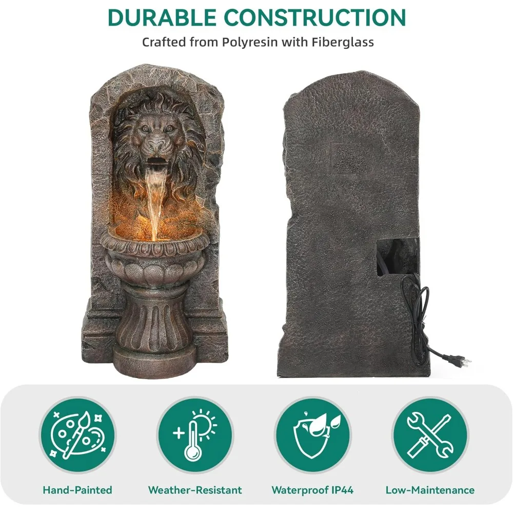 Majestosa fonte de água externa de bronze falso com cabeça de leão de 30 polegadas com design de 2 camadas, luzes LED e recurso de água em cascata calmante