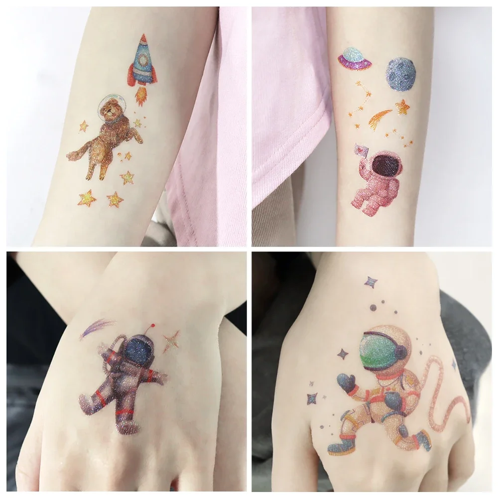 Tatuagens temporárias do espaço exterior para crianças dos desenhos animados arte corporal rosto tatoos glitter brilhante lavável tatuagem falsa para crianças aniversário