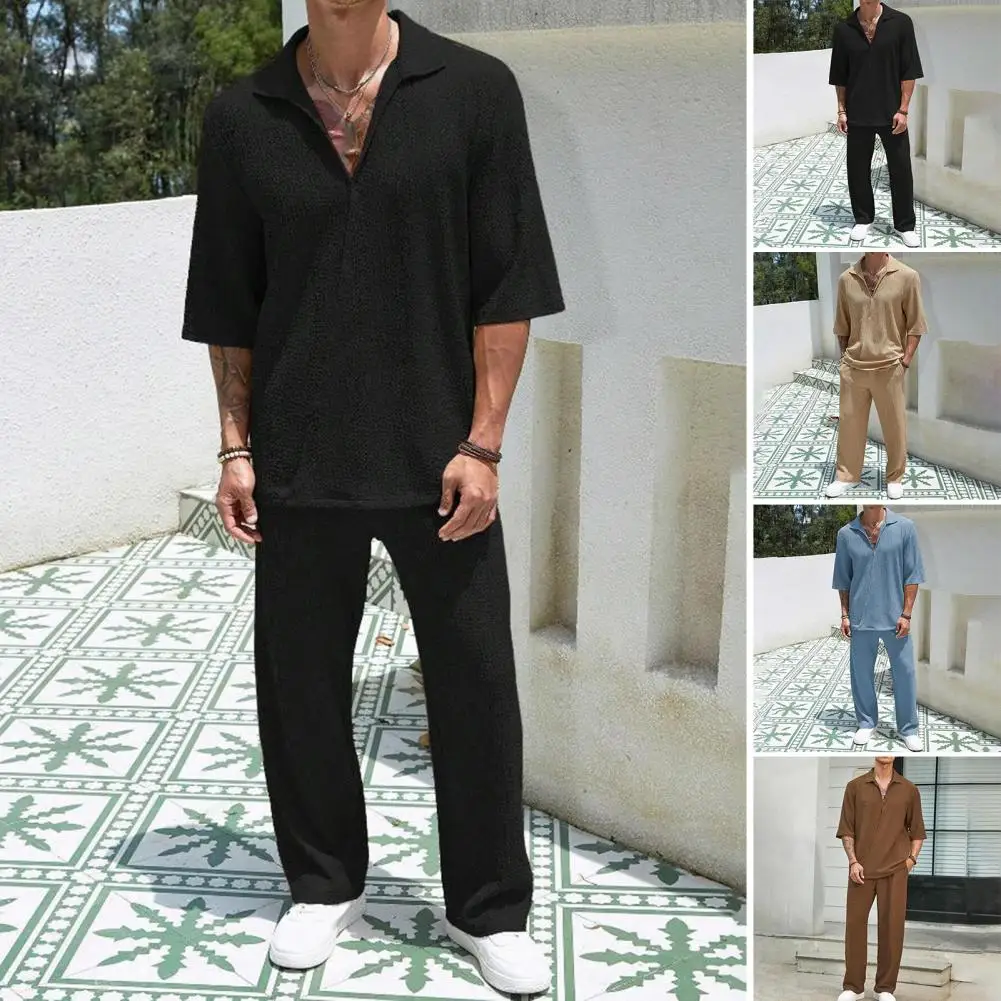 Short-sleeve Shirt Loose Trousers Set Stylish Men's V-neck Casual Outfit Set with Short Sleeve Top Wide Leg for Everyday