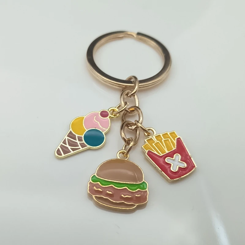 Creative Food Keychain Enamel Hamburger Ice Cream French Fries Keychain Ladies Men Keychain Car Keychain Bag Pendant Jewelry