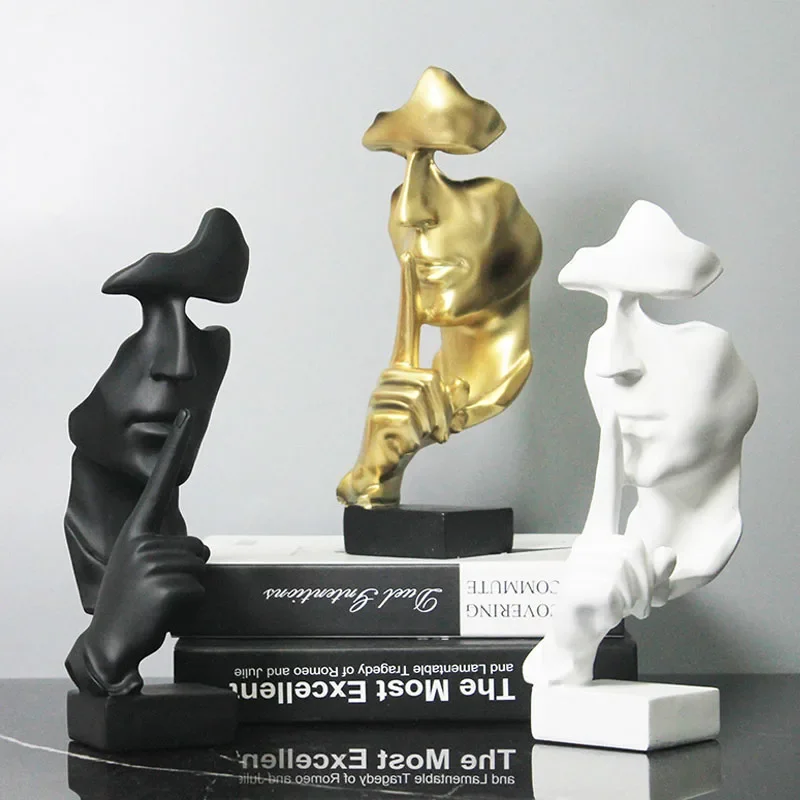 Resin 27cm Silence Is Gold Statues NO SAY Abstract Mask Figurines for Interior Home Office Desktop Decoration Objects