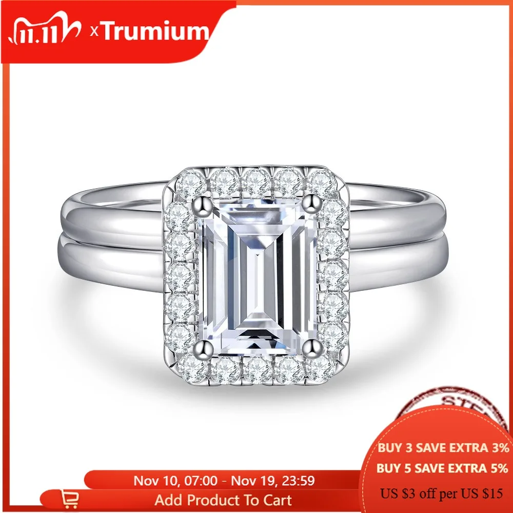 

Trumium 100% Solid 925 Silver Wedding Bands Double Halo Emerald Cut Engagement Bridal Rings for Women Sparking AAAAA Zirconia