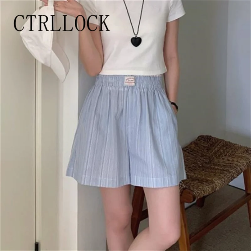 

CTRLLOCK Simple Vertical Stripe High Waist Wide Leg Pants Summer 2024 Loose Elastic Waist Casual Shorts For Women