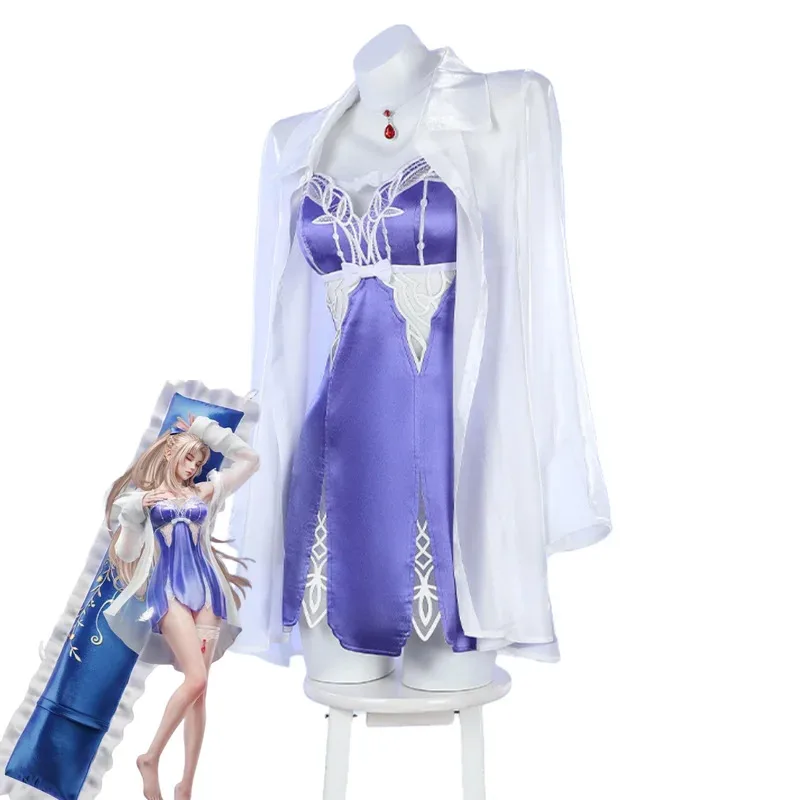 Game Naraka: Bladepoint Yoto Hime Kostum Cosplay Piyama Kemeja Putih Mantel Gaun Jubah Tidur Biru Wig Wanita Setelan Harian Seksi;2
