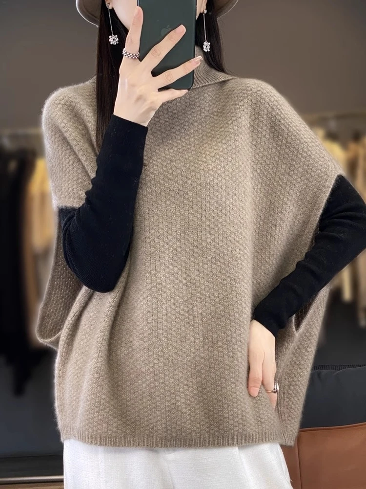 

Высококачественный свитер Camere, жилет, свободный шерстяной топ с высоким воротником «летучая мышь», женский корейский свободный крой, трикотаж