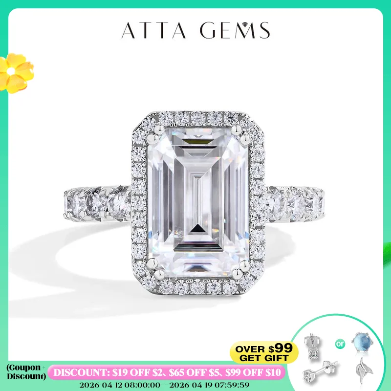 

ATTAGEMS New 4.6CT Emerald Cut Moissanite Ring for Women Real S925 Silver 18K Gold Plated Engagement Wedding Jewelry Top Quality