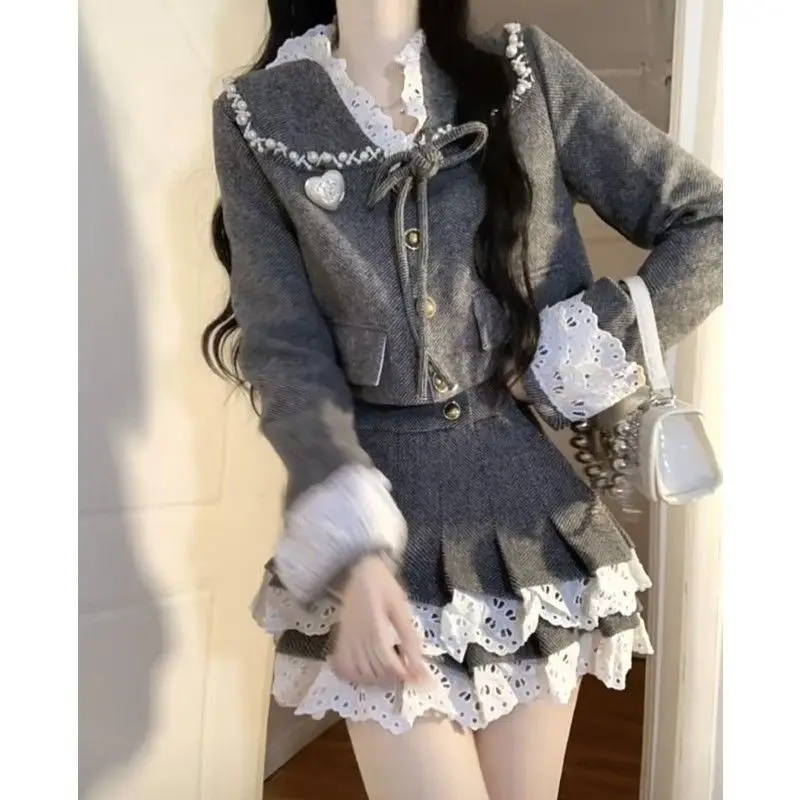 French  Xiaoxiangfeng Fashion Temperament Design Sense Lace Splicing Short Jacket High Waist Short Skirt Autumn and Winter Suit view 5