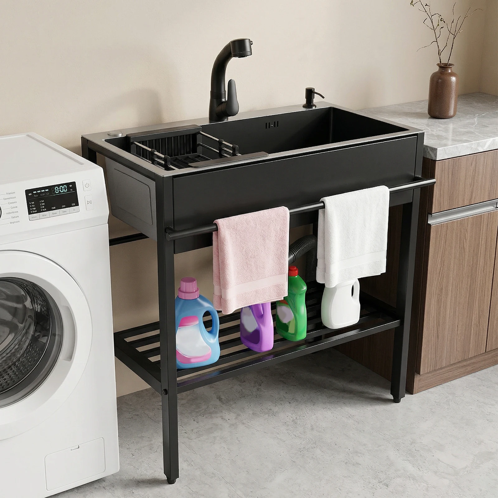 

Commercial Restaurant Kitchen Sink with Cold and Hot Water Faucet Hoses and Drain Kit Laundry Tub for Kitchens Bathroom Garage