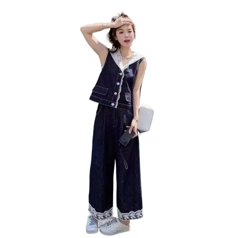 

Pant Sets Lace Patchwork Vest Straight-leg Pants, Denim Two-piece Set Summer Hooded Vest Capri Pants Set for Petite Women Trendy