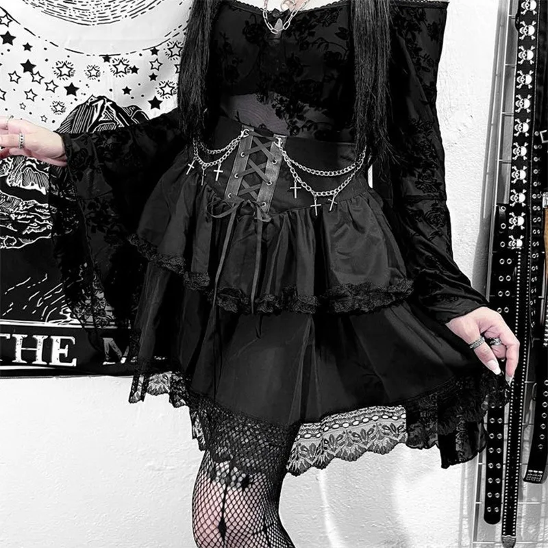 Gothic Skirt Sexy Cute Black Mini Women Drawstring Folds High Waist Irregular Ruffle Patchwork Fairycore Short Skirts Mori Girl