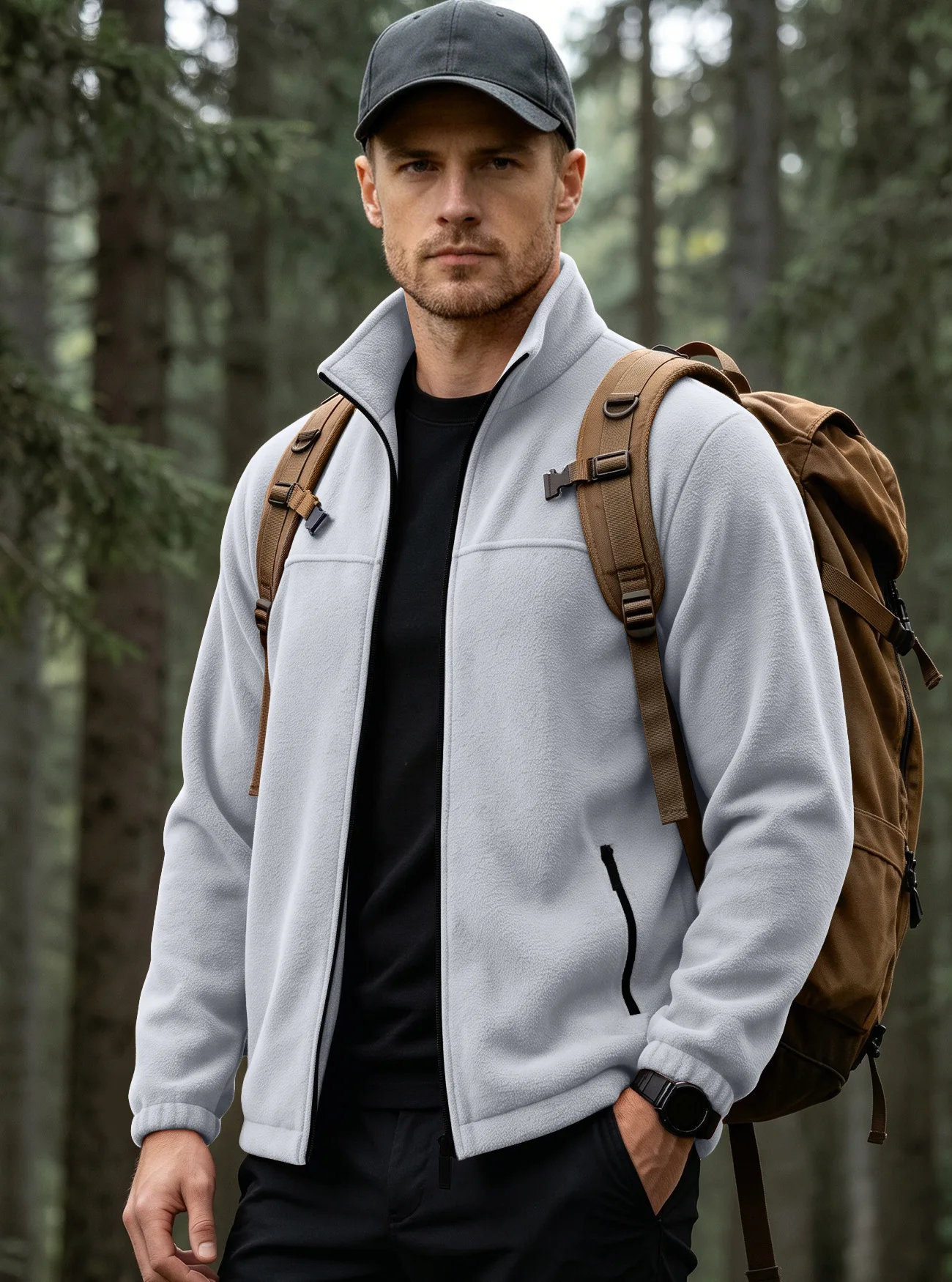 Men Stand Collar Polar Fleece Jacket Full Zip Windproof Thermal Outdoor Hiking Coat Zipper Pocket Casual Outerwear