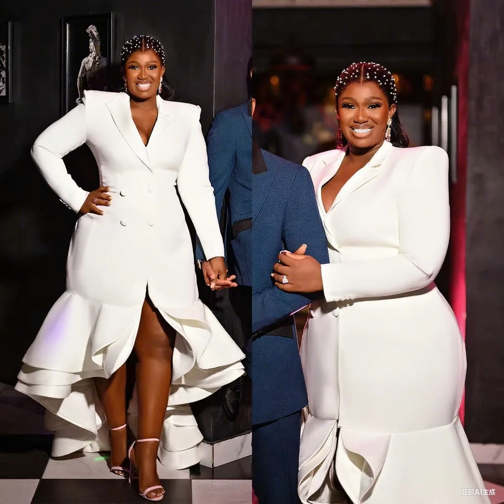 Plus Size Women Evening Dress Customized White Ruffles Blazer Female Celebrity Show Wear Prom Suits One Piece