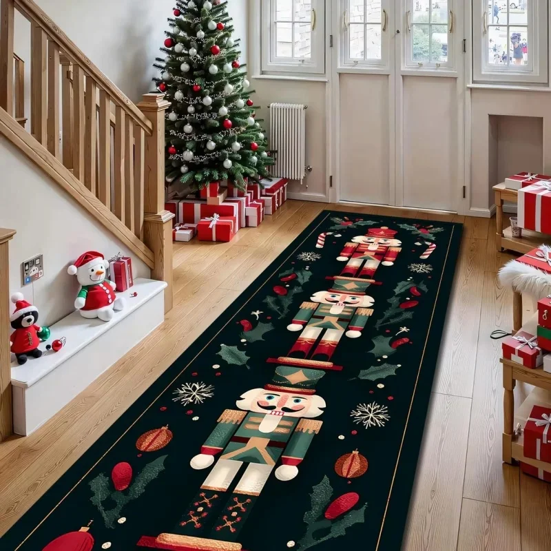 VIKAMA Xmas Nutcracker Soldier Runner Carpet, Vintage Holiday Nutcracker & Bauble Pattern Non Slip Washable Long Rug
