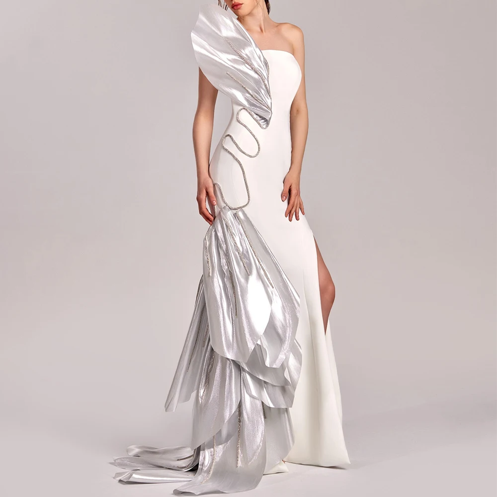 

Customized Jersey Straight Strapless Sequined and Tiered Evening Dress Zipper Back Floor Length Side Slit Sleeveless P