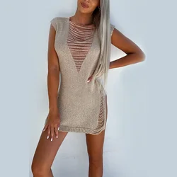 Sexy Deep V Tassel Beach Mini Dress, Sleeveless Beachwear Swimwear, Crochet Swimsuit Woman Bathing Suit, Knit Bikini Cover-up