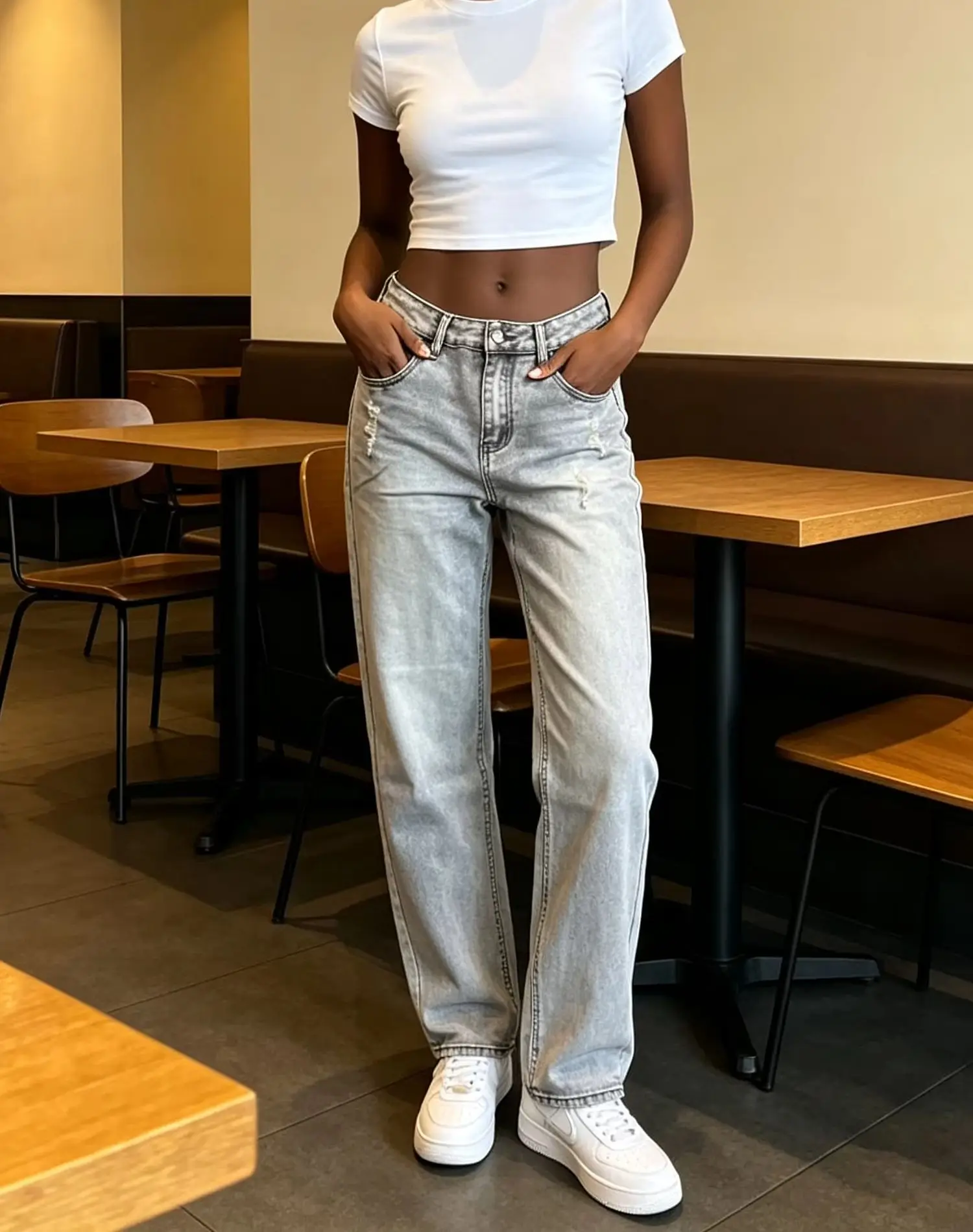 Spring and Autumn Season Gray Washed White Ripped Denim Wide-Leg Pants for Women American Retro High-Waisted Straight Loose Fit Flattering and Versatile