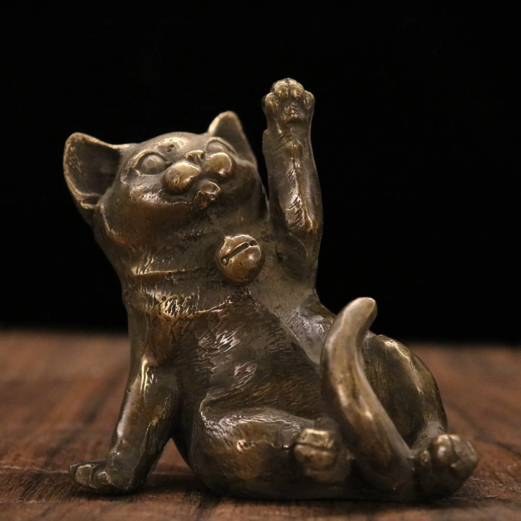 

3"Tibetan Temple Collection Old Bronze Brass zodiac cat pet cat Four different causes Gather fortune office ornament Town house