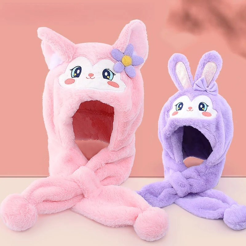 

Miniso Children's Autumn and Winter Girl Plush Hat Scarf Integrated Set Cartoon Girls' Cold Warm Plus Fleece Hat Cute