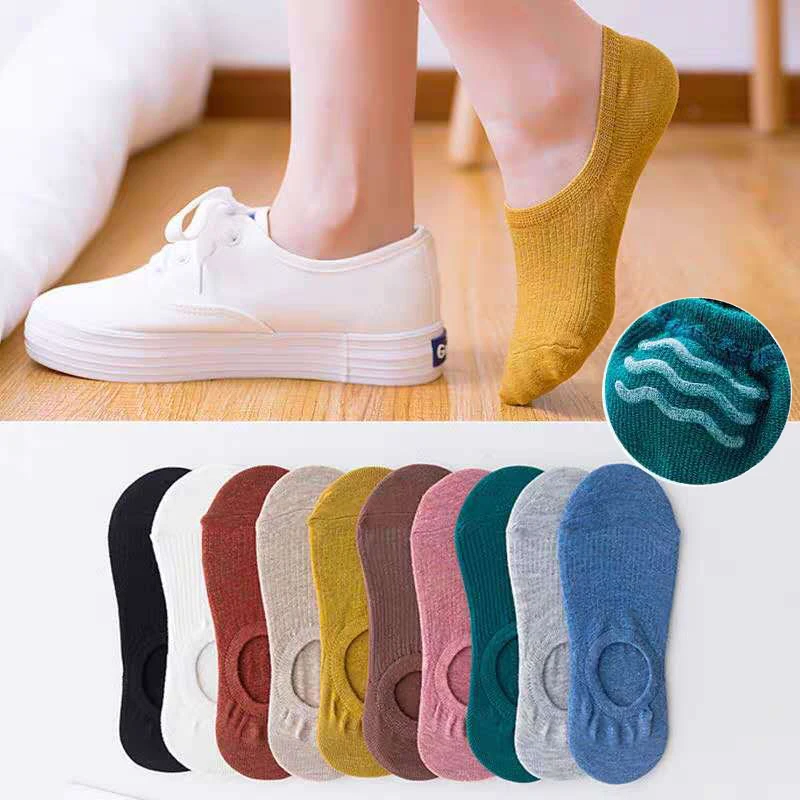 5 Pairs Women Sock Slippers Set Solid Colors Summer Thin Breathable Invisible Boat Socks Non Slip Silicone No Show Short Socks