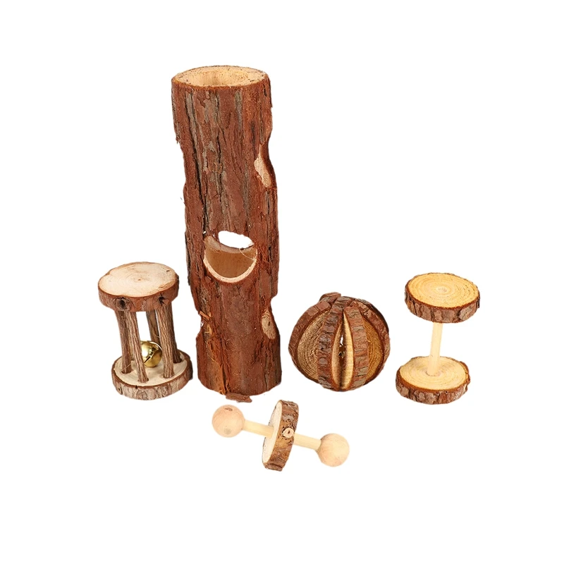 5 Pcs Natural Wooden Playing Chewing Toys For Small Animal Hamster Gerbil Mouse - Tunnel, Ball, Bell Roller, Dumbbell, Unicycle