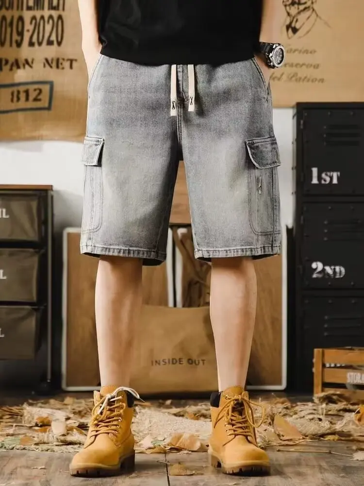 Summer Men's American Washed Light Blue Cargo Jeans Shorts Knee Length Loose Elastic Casual Trendy High Street Denim Shorts Male