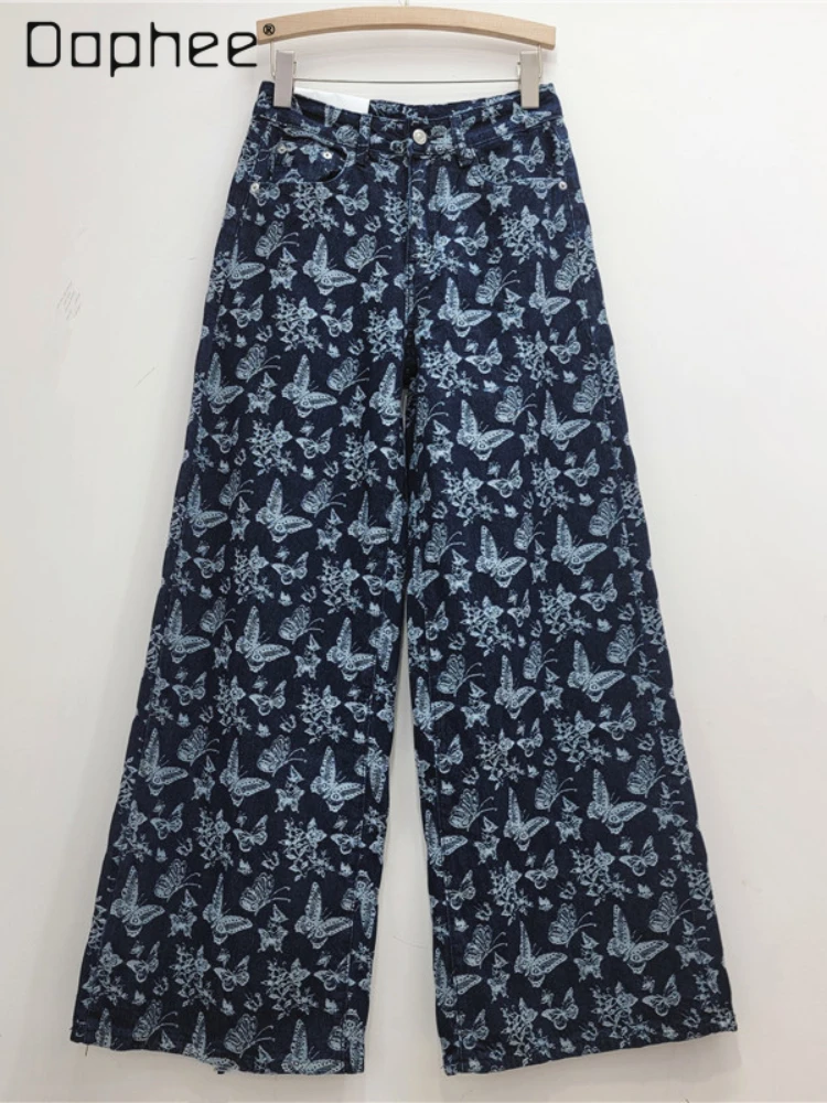 Blue Printed Casual Pants Female Autumn 2024 New Korean Style High Waisted Jeans Mopping Wide-leg Pants Baggy Jeans Women