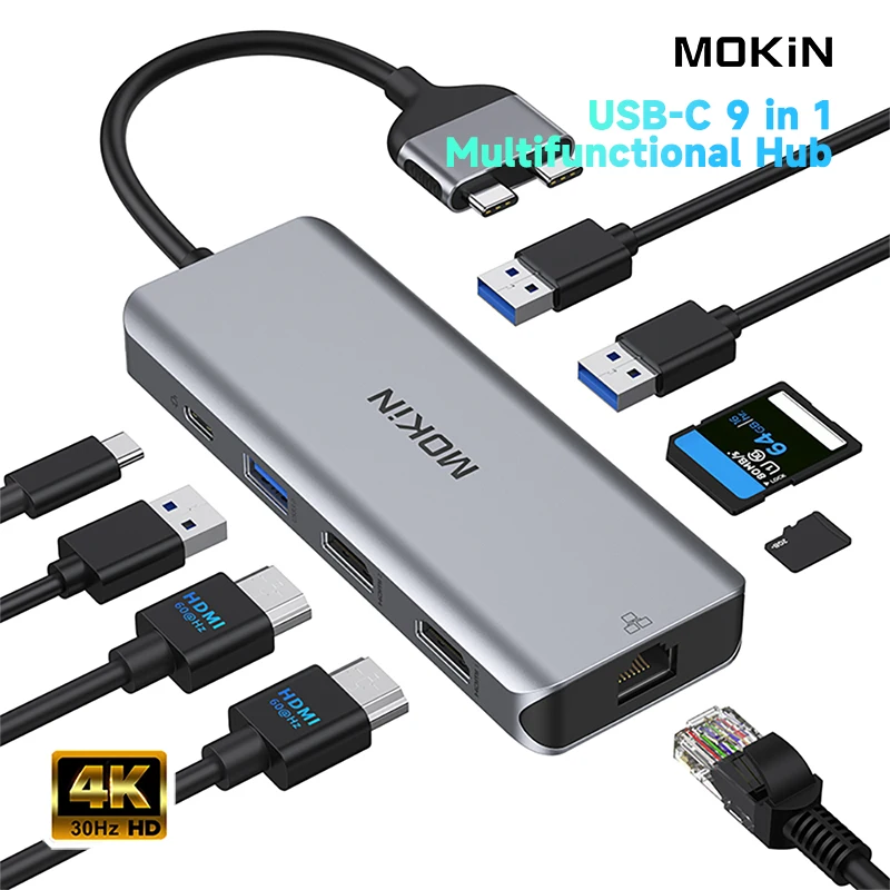 

MOKiN MacBook Pro Docking Station Dual Monitor MacBook Pro HUB Adapter 9 in 1 USB C Hub for MacBook Air Pro Mac HDMI Dock Dongle