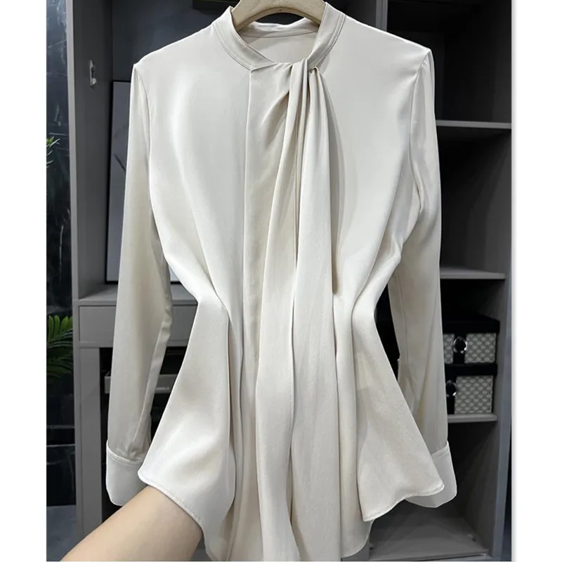 

Stand Collar Small Streamers Imitation Silk Long Sleeve Shirt Womens Tops Camisas De Mujer