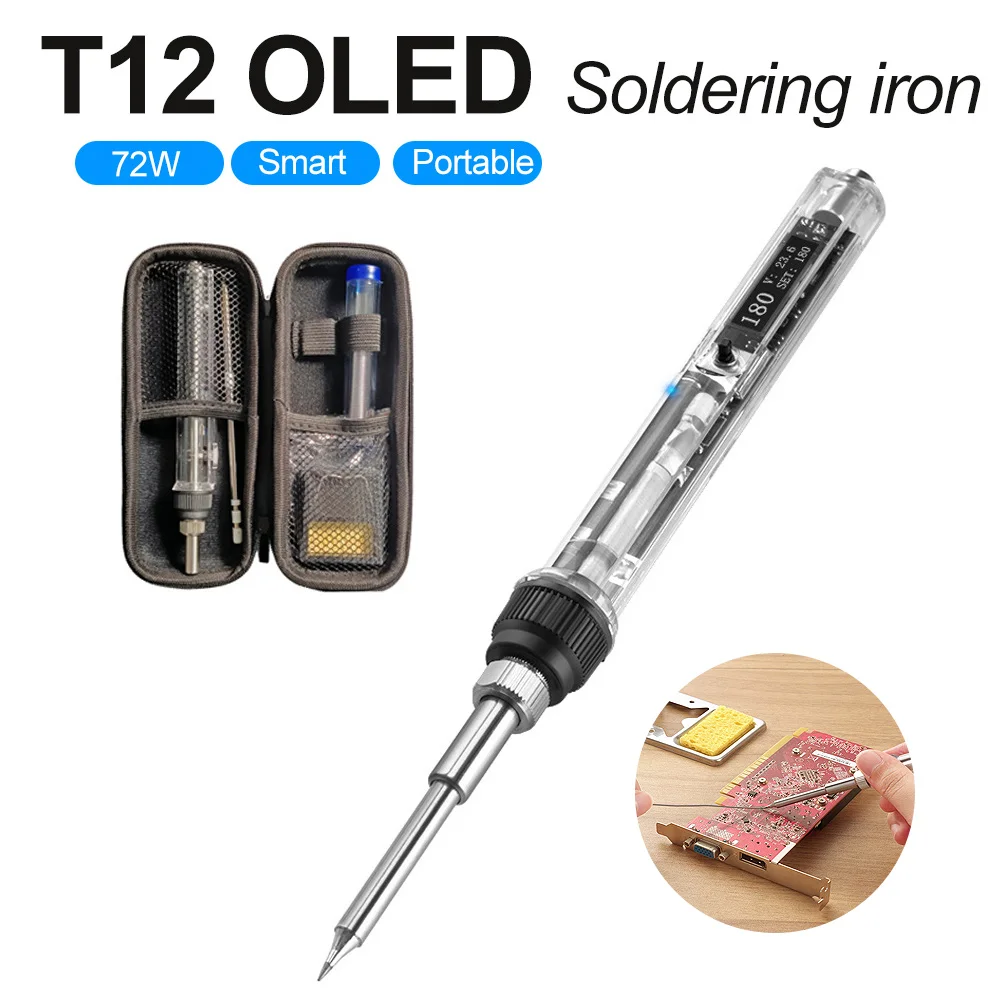 

T12 Digital OLED 72W Adjustable Temperature Portable Mini Soldering Iron Tin Welding Station with Storage Bag B2 C1 BC2 KU Tips