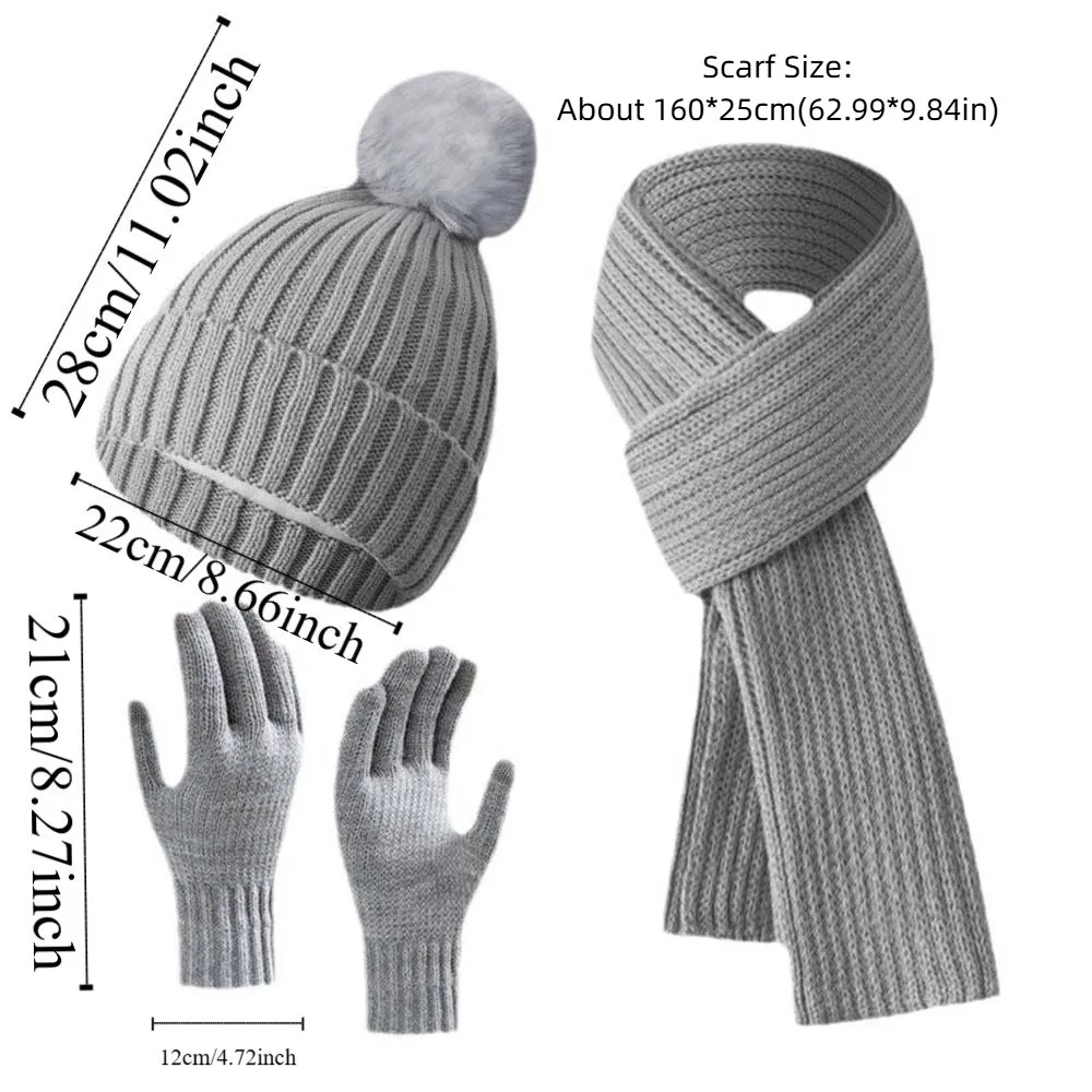 Beanies Cap Elastic Scarf and Hat Set Warmer Mittens Soft Cold Proof Gloves Plush Ball Solid Color Pullover Cap Outdoor