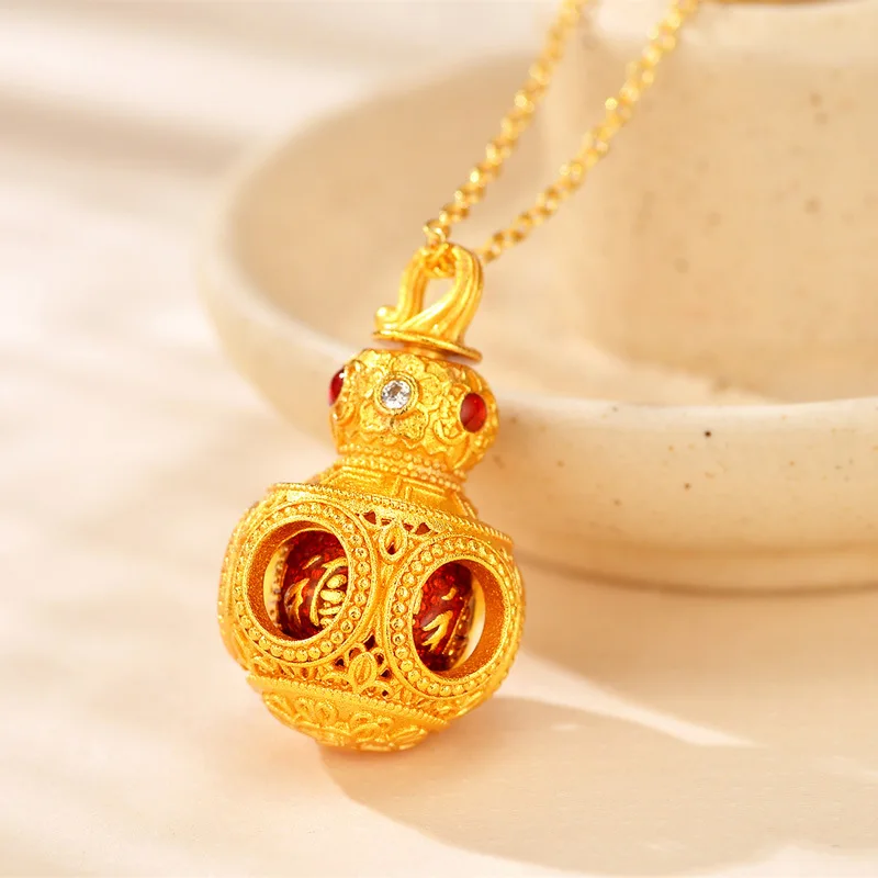 

Luxurious 9999 24K real gold gourd heart bottle pendant for women, ancient style, fashionable clavicle chain