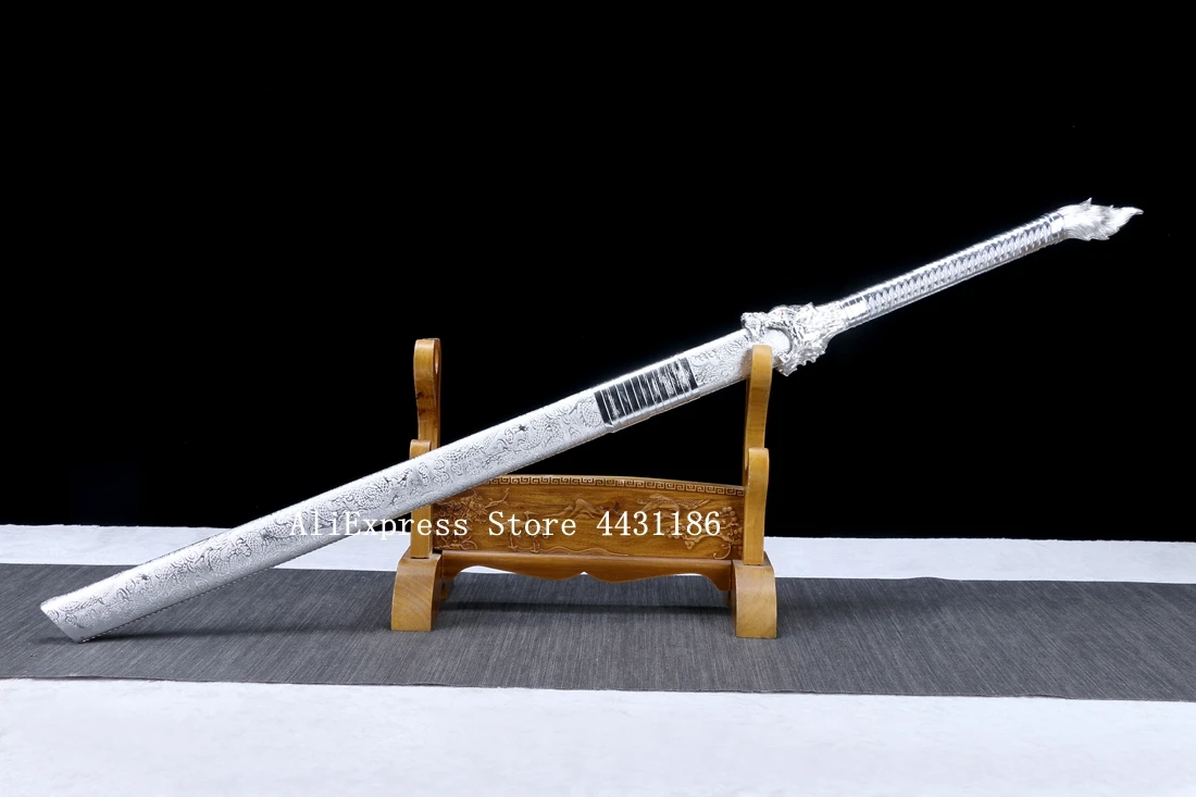 Silvery Wolf Guard Real Sword Battle 1095 High Carbon Steel Blade Home Decor Chinese KungFu Cosplay Jian Double Edge