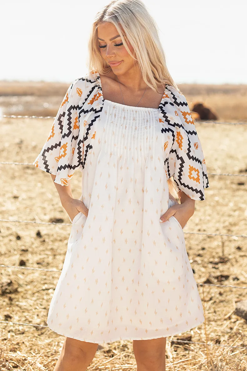 Summer Style Pullover Square Neck Loose Dress For Women Personality Printed Pleated Short Dress Vacation Beach Boho Dress 2025