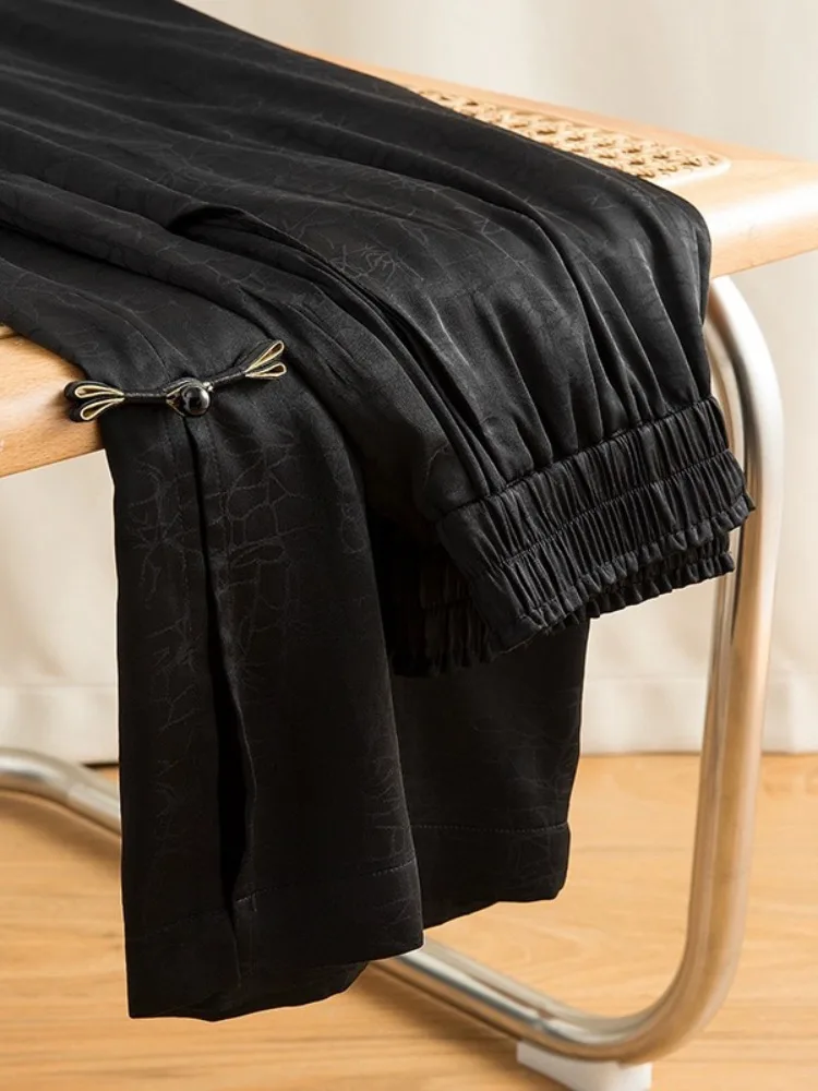 New Chinese Style Narrow Wide Leg Pants Silk Acetate Satin Casual Straight Long Trousers for Women Summer Floral Embroidery