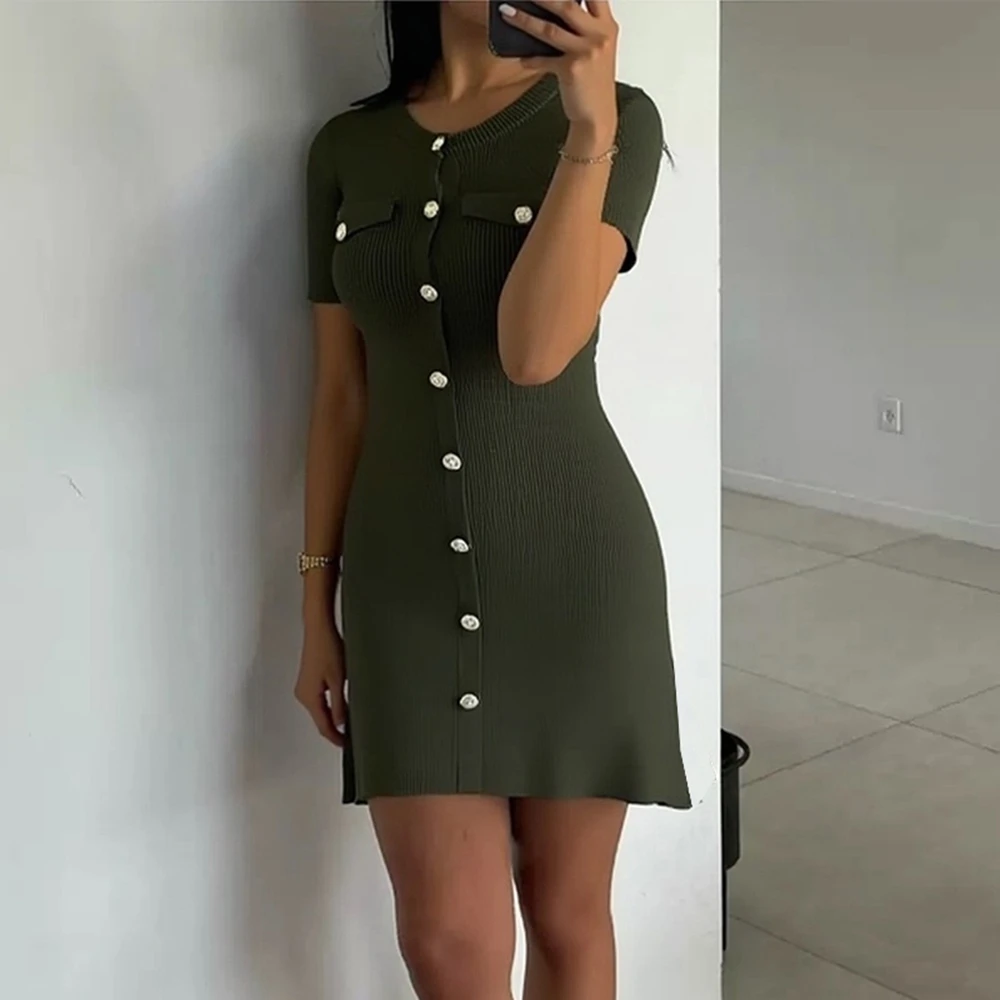 YuooMuoo Damenkleid 2026 Frühling Sommer Elegantes Einreihiges Gestricktes Kurzes Kleid Vintage Damen Tailliertes A-Linien Partykleid