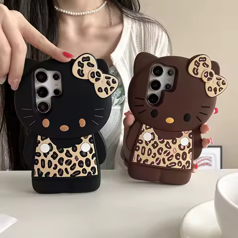 INS Cartoon Hello Kitty Phone Case for Samsung Galaxy S25 S24 S23 S22 Ultra Plus A56 A55 Leopard Print Bowknot MINISO Back Cover