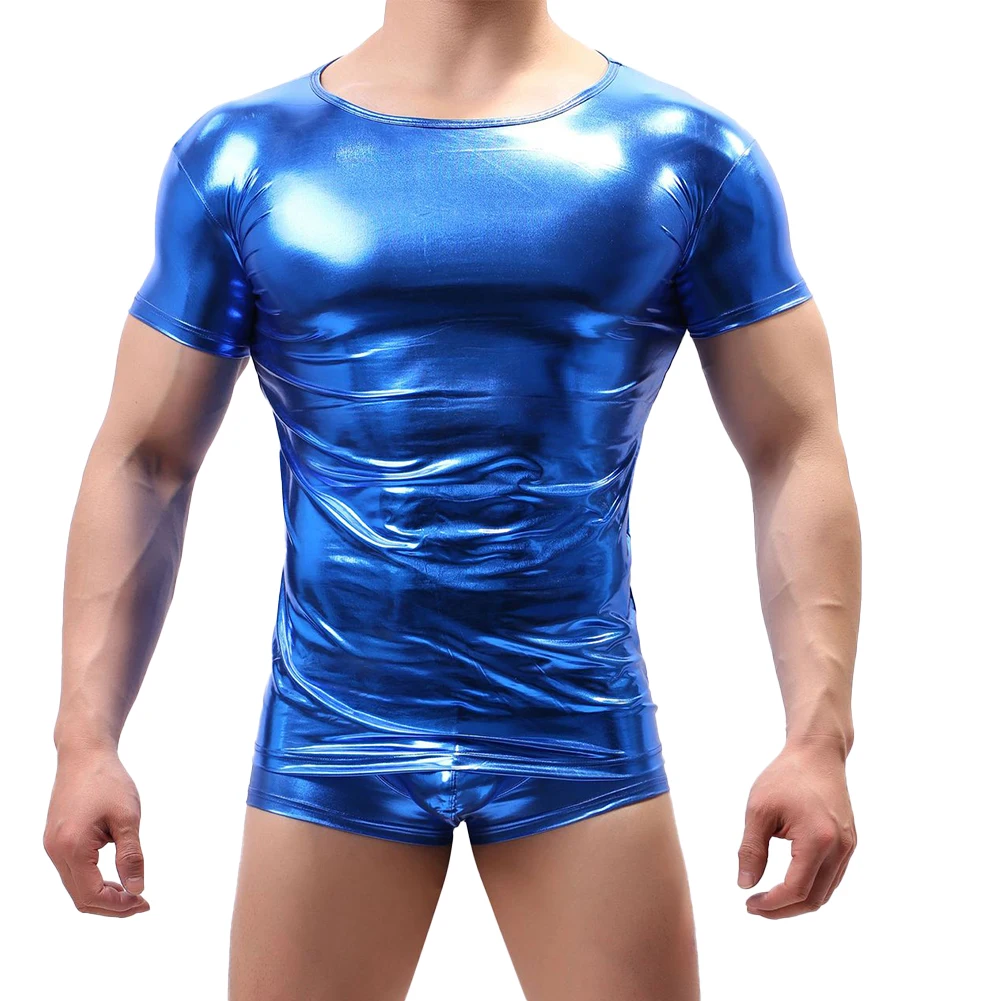 Men Shiny T-Shirt Short Sleeve Slim Fit PU Leather Tees Sparkling Glitter Undershirts Party Wear Round Neck