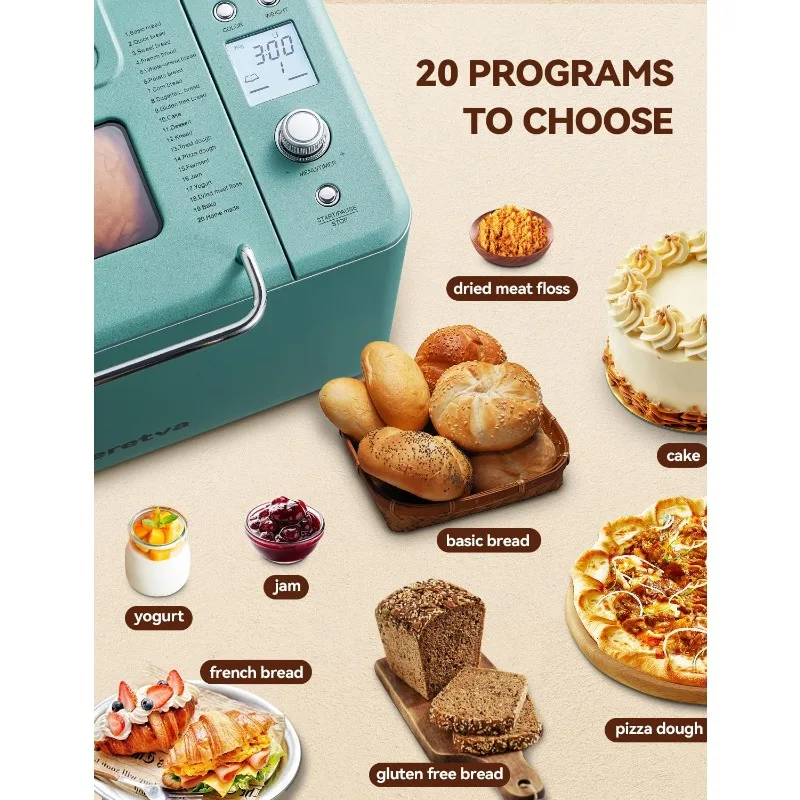 20-IN-1 Bread Maker, Dual Heater 2LB Bread Machine BPA-Free Material & Nonstick Ceramic Pan Compact Bread Maker Machines