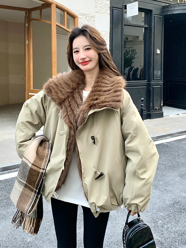 

Thiened Fluffy Parka Coat Women's ort Sle Winter Outerwear Warm Casual Military een Color Korean Version Long Sve