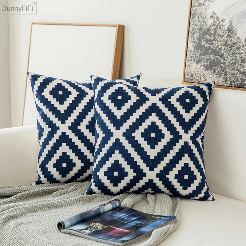 Blue/White Geometric Floral Cushion Cover Navy Embroidered Canvas Cotton Suqare Embroidery Pillow Cover 45x45cm Home Decor