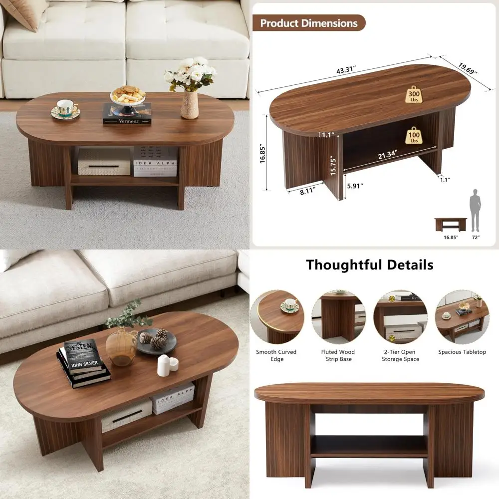 

Farmhouse Style Oval Coffee Table with Large Storage Shelf, Living Room Furniture, Rustic Fluted Design