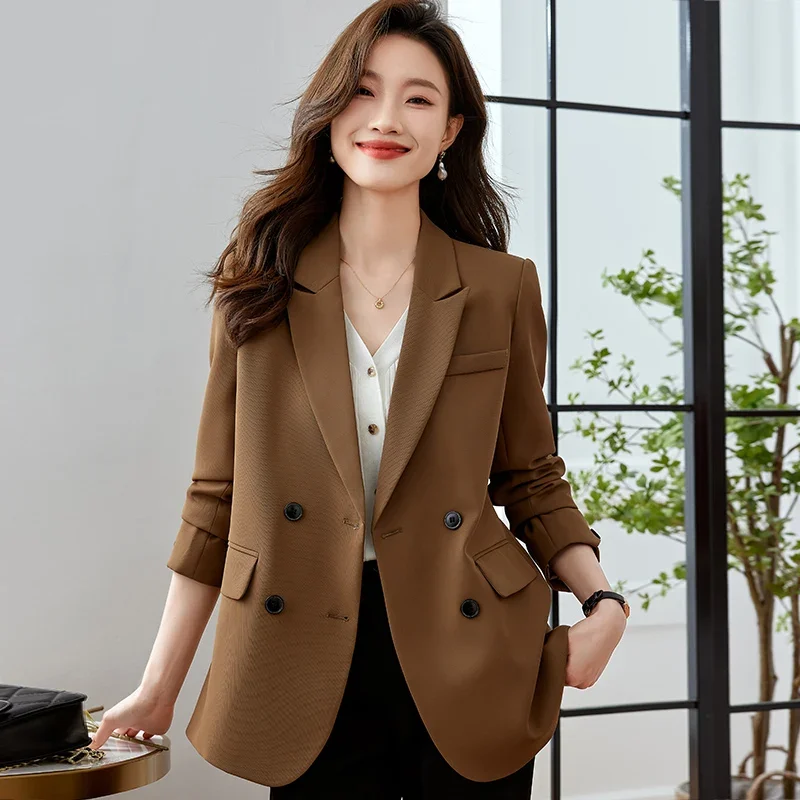 

Insozkdg Rose Red Office Lady Suit Jacket Women Blazer 2024 Spring Autumn Temperament Double-breasted Solid Professional Suit