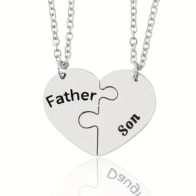 2 Pcs/Set Father Daughter Mother Son Necklace Stainless Steel Heart Puzzle Pendant Necklace Family Jewelry