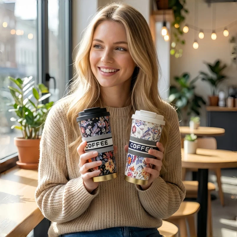 

Elegant Vacuum Coffee Tumbler 500ml, Stainless Steel Thermal Travel Mug with Straw Leakproof Lid, Cute Portable Cup for Office