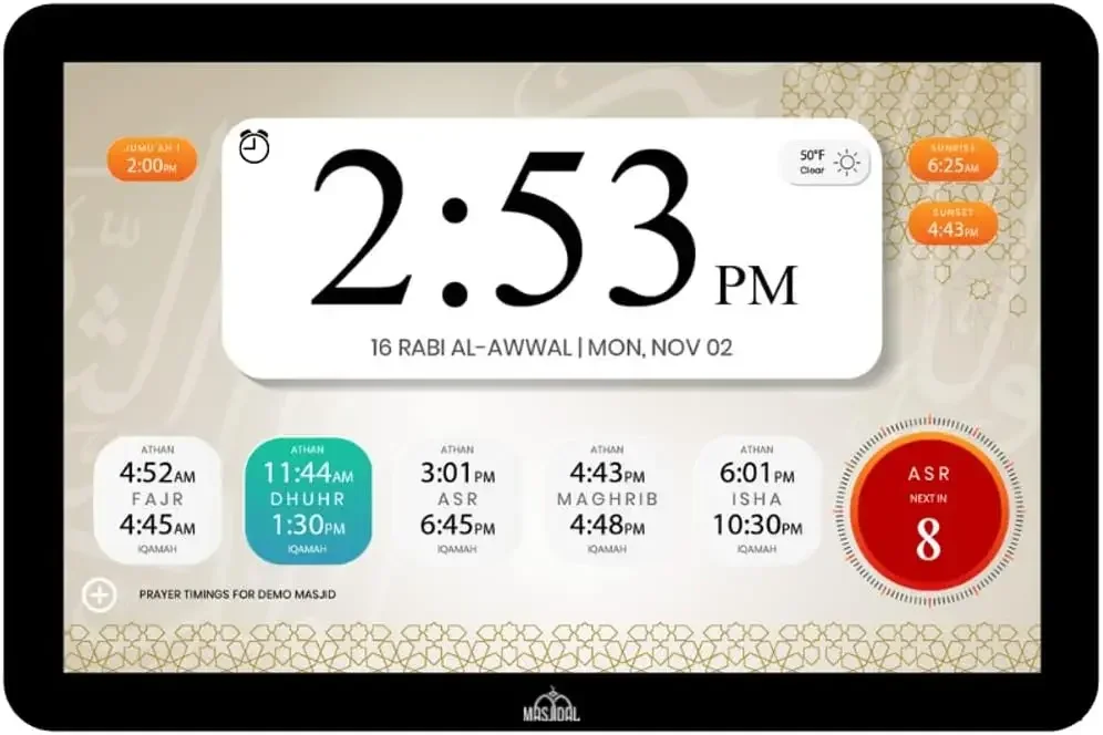 14" Digital Azan Clock with WiFi, Dynamic Touch Screen, Worldwide Prayer Times, Full Quran Player, Islamic Art, Streaming Halal
