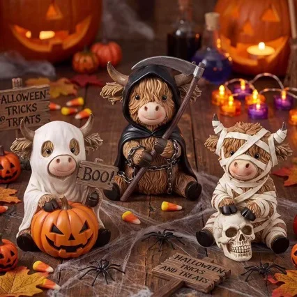 New 3 Pieces of Highland Cattle Halloween Wooden Crafts Ornaments for Home and Holiday Decoration Crafts